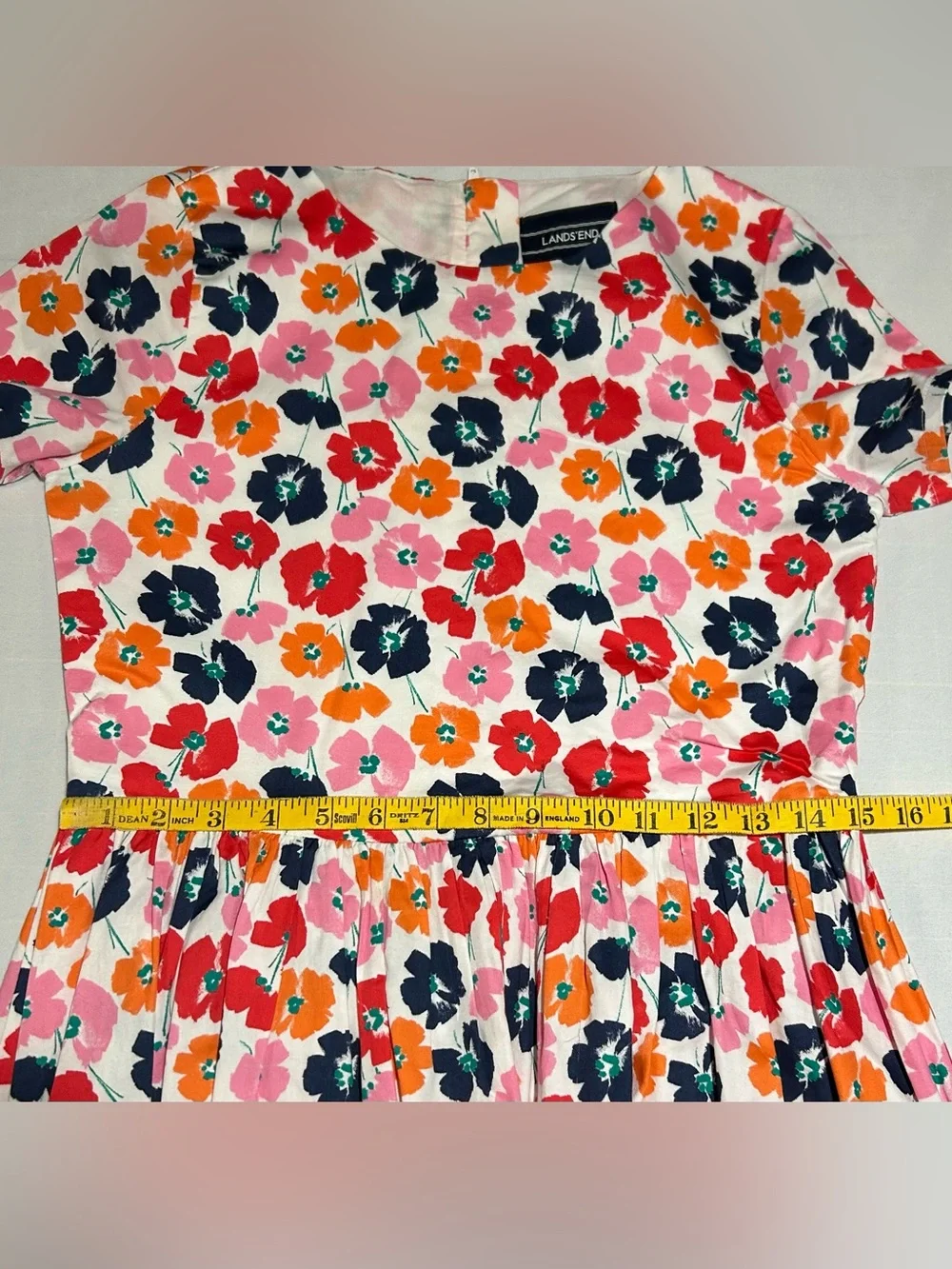 Lands' End Girls 14 Peony Flower Short Sleeve Fit & Flare Classic Cotton Dress